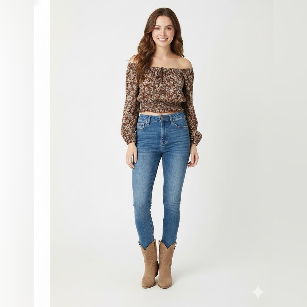 Brown and White Smocked Crop Blouse with Long Sleeves